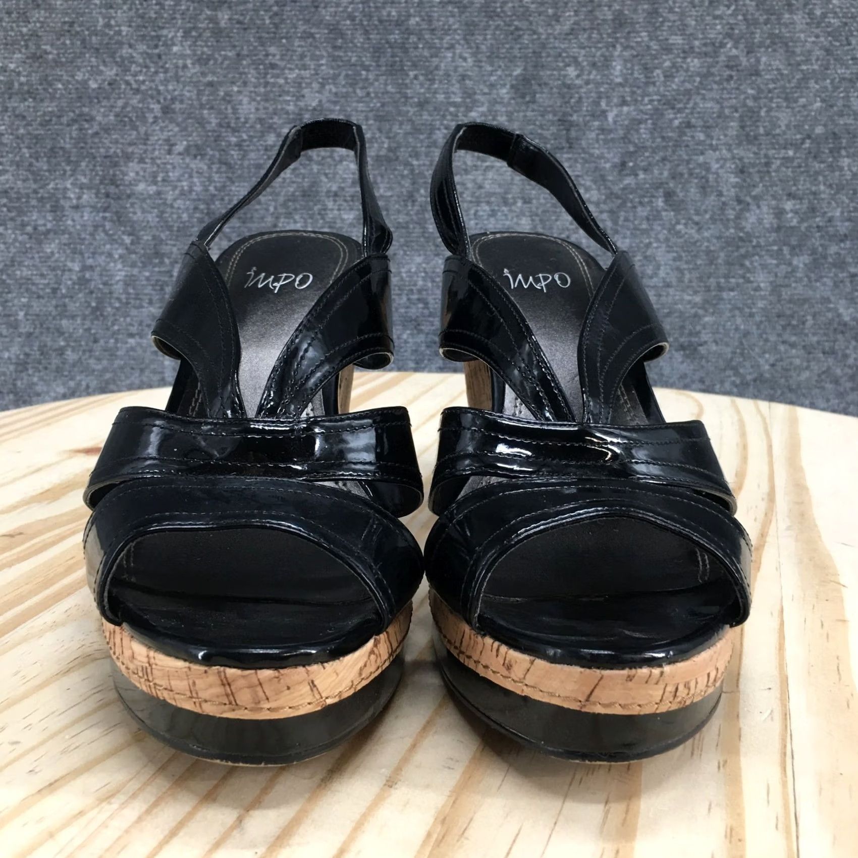 Vintage IMPO Sandals Women’s 8 M Warwick Wedge Slingback Black Faux Leather Cork Casual Size US 8 / IT 38 - 4 Thumbnail