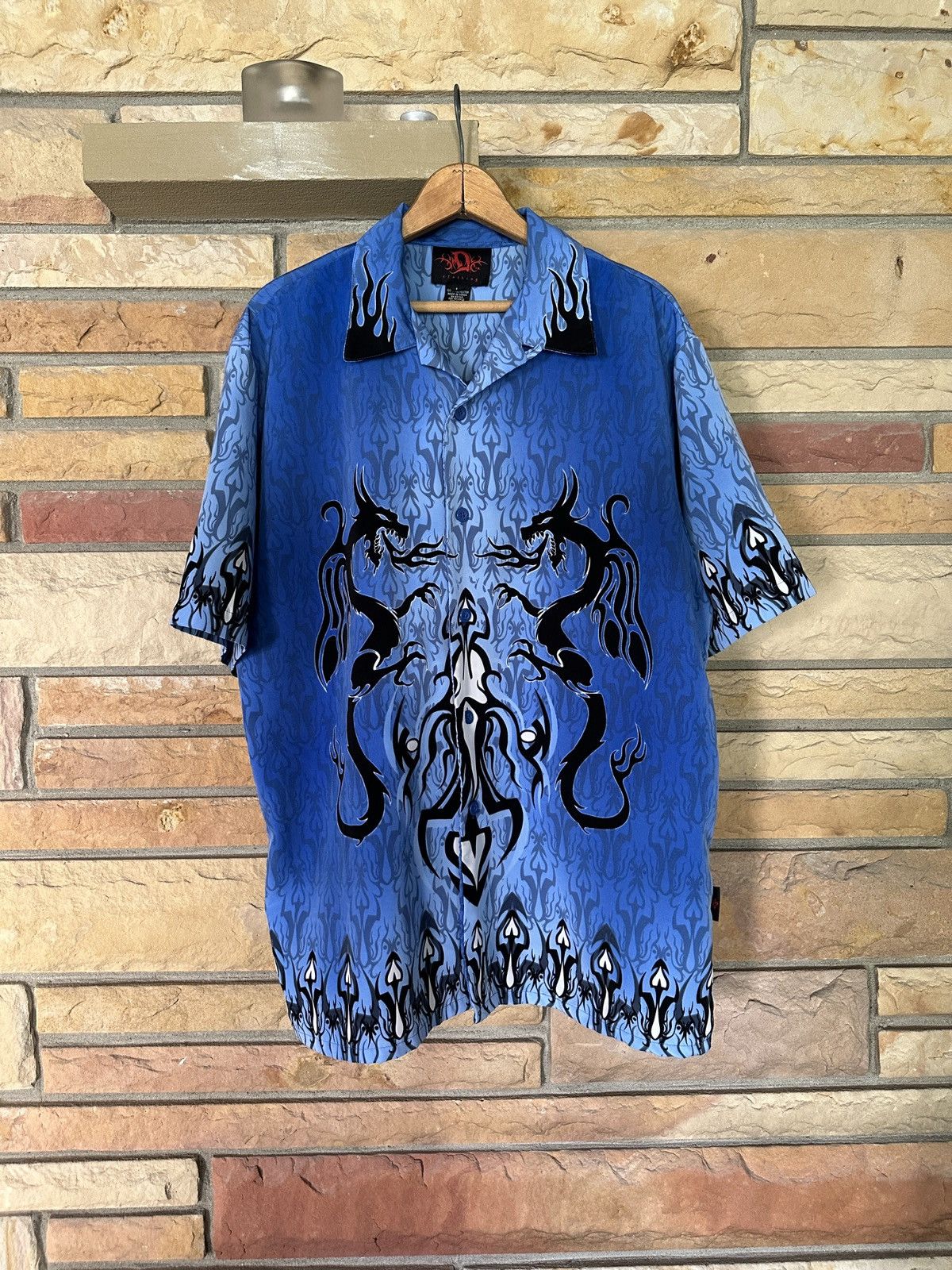 Vintage Y2K Dragon Flames All Over Print Button Up Shirt