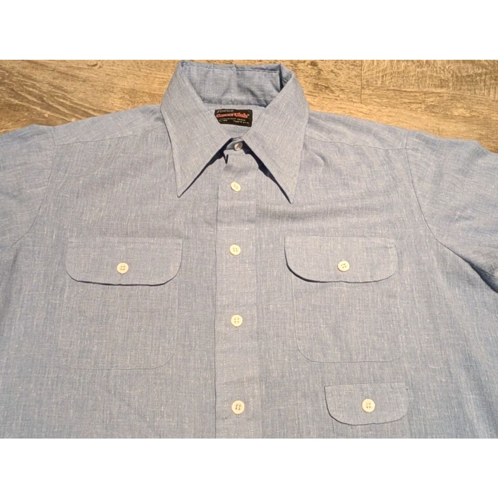 Vintage VINTAGE Focus Career Club Button-Up Shirt Mens Dagger Collar Blue 70s Disco Retro 46in Chest Large Short Sleeve USA Made Mens Size US L / EU 52-54 / 3 - 2 Thumbnail