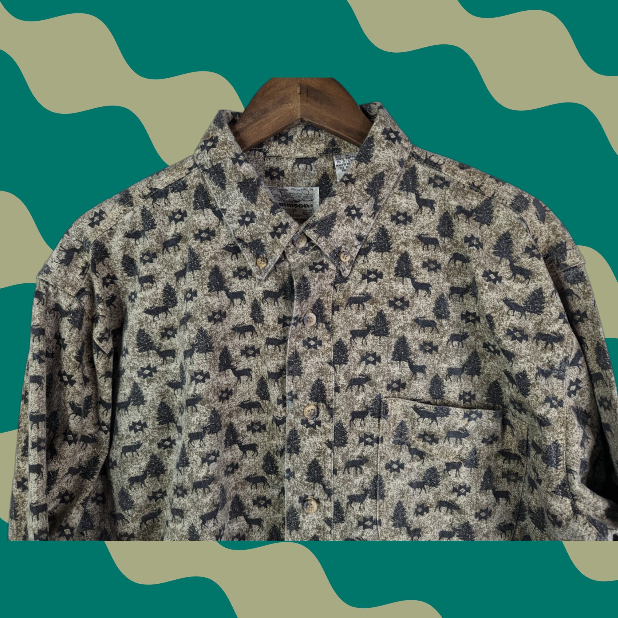 Vintage VINTAGE Rare Gunnison Deer And Tree Long Sleeve Button Down Shirt XL Cotton Beige Men Button-Up Shirts Mens Size US XL / EU 56 / 4 - 1 Thumbnail