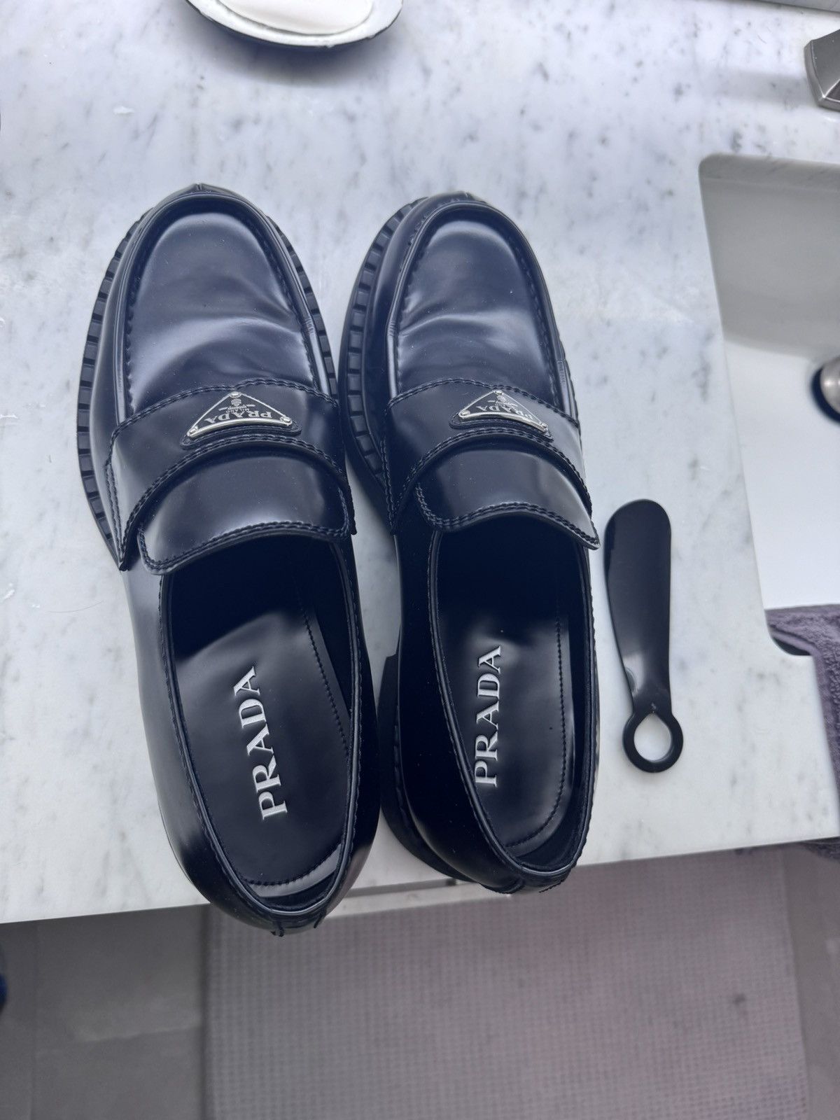 image of Prada Chocolate Brushed Leather Loafers in Black, Men's (Size 12)