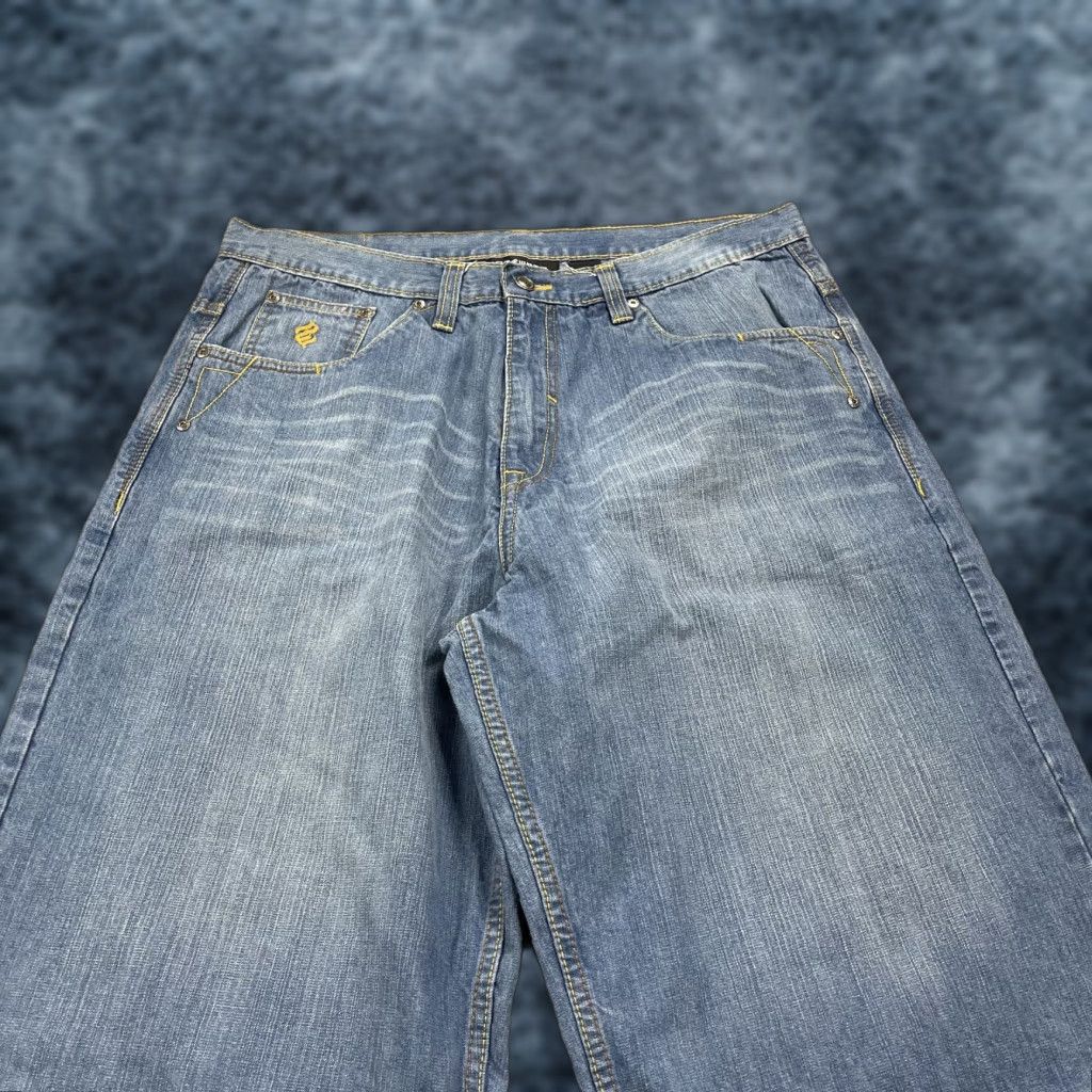 VINTAGE Rocawear Shirt Mens 38 Cargo Hip Hop 90s Grunge Blue Denim Pockets Relaxed Jeans Shorts Jorts Baggy Wide Skater Y2K