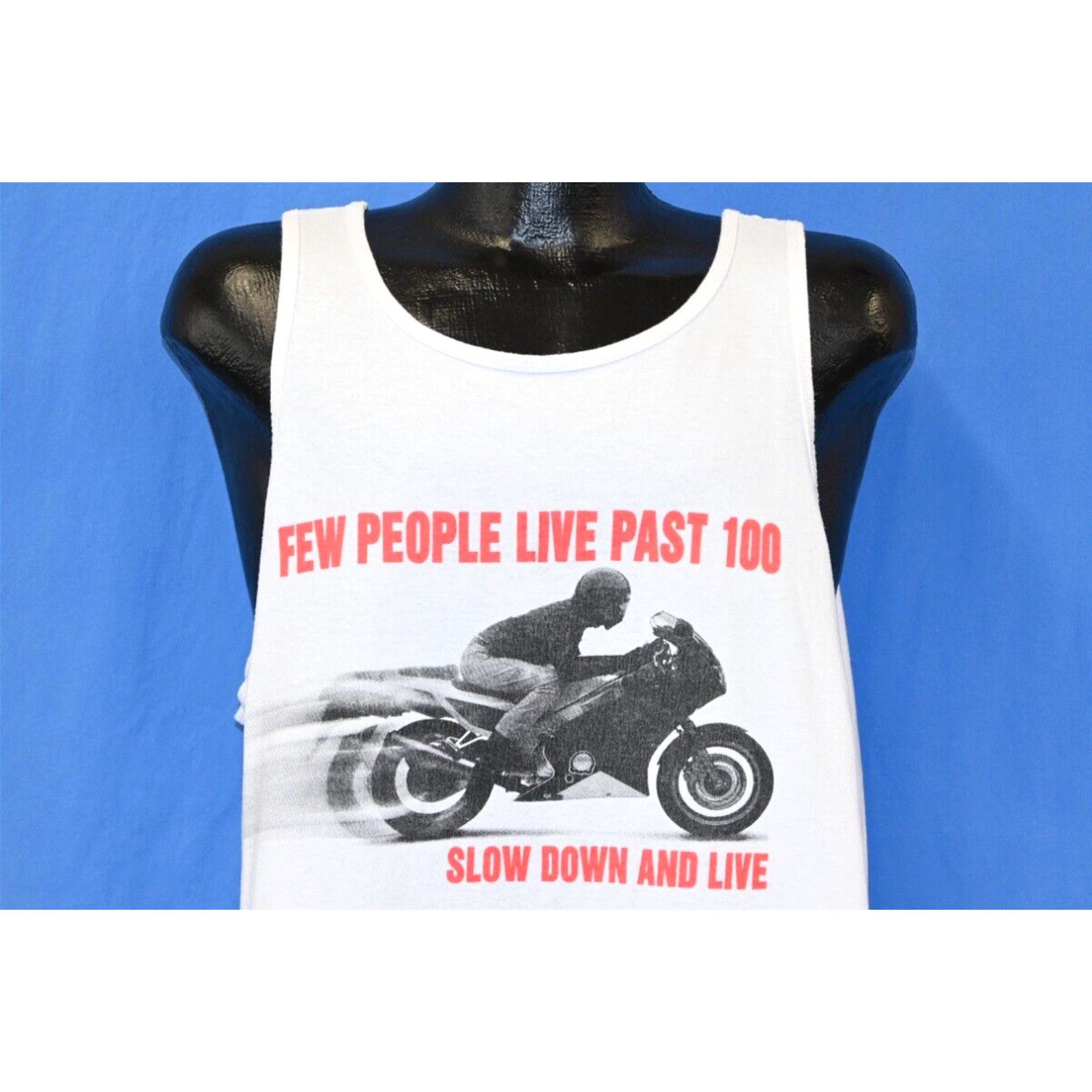 image of Delta Vintage 90's Few People Live Past 100 Slow Down Motorcycle Tank Top T-Shirt XL in White, Men'