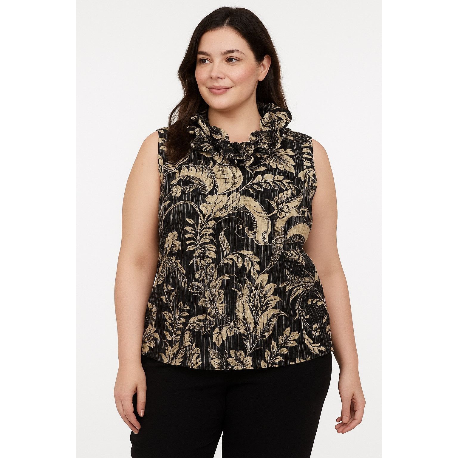 Ralph Lauren Chic Floral Ruffle Collar Black Beige Blouse Ralph Lauren 1X Size XXL / US 16-18 / IT 52-54 - 1 Thumbnail
