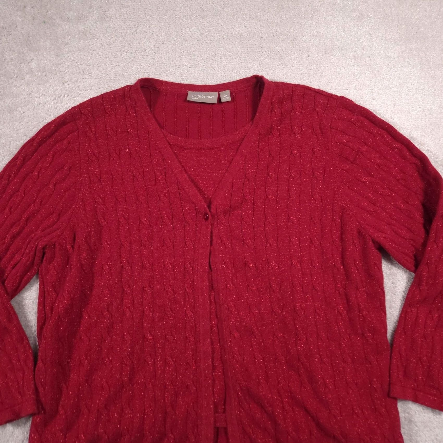 Croft & Barrow VINTAGE? (No) Croft & Barrow Cardigan Sweater Womens 2X Red Cable Knit Sparkle V Neck Twinset Shirt Womens 2X Red Cable Knit Sparkle V-Neck Twinset Size XXL / US 16-18 / IT 52-54 - 2 Thumbnail