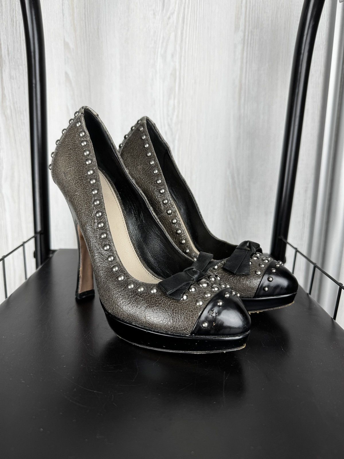 Prada Prada Grey/Black Studded Textured Leather Bow Pumps Sz 34.5 Size US 4.5 / IT 34.5 - 1 Thumbnail