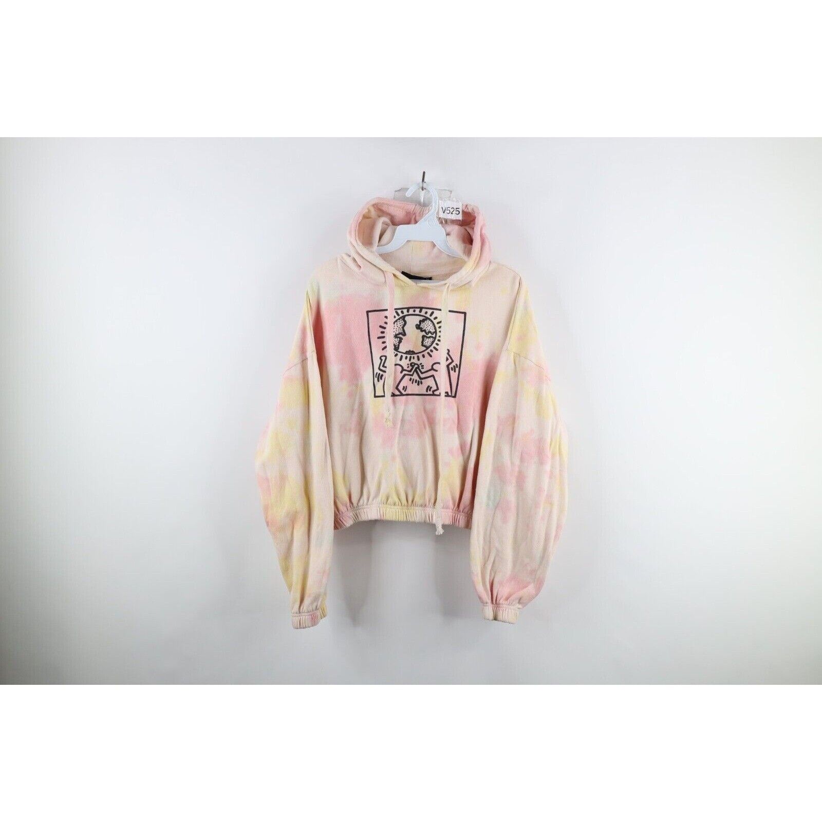 Vintage Retro Keith Haring Acid Wash Earth Day Art Cropped Hoodie Size L / US 10 / IT 46 - 1 Preview
