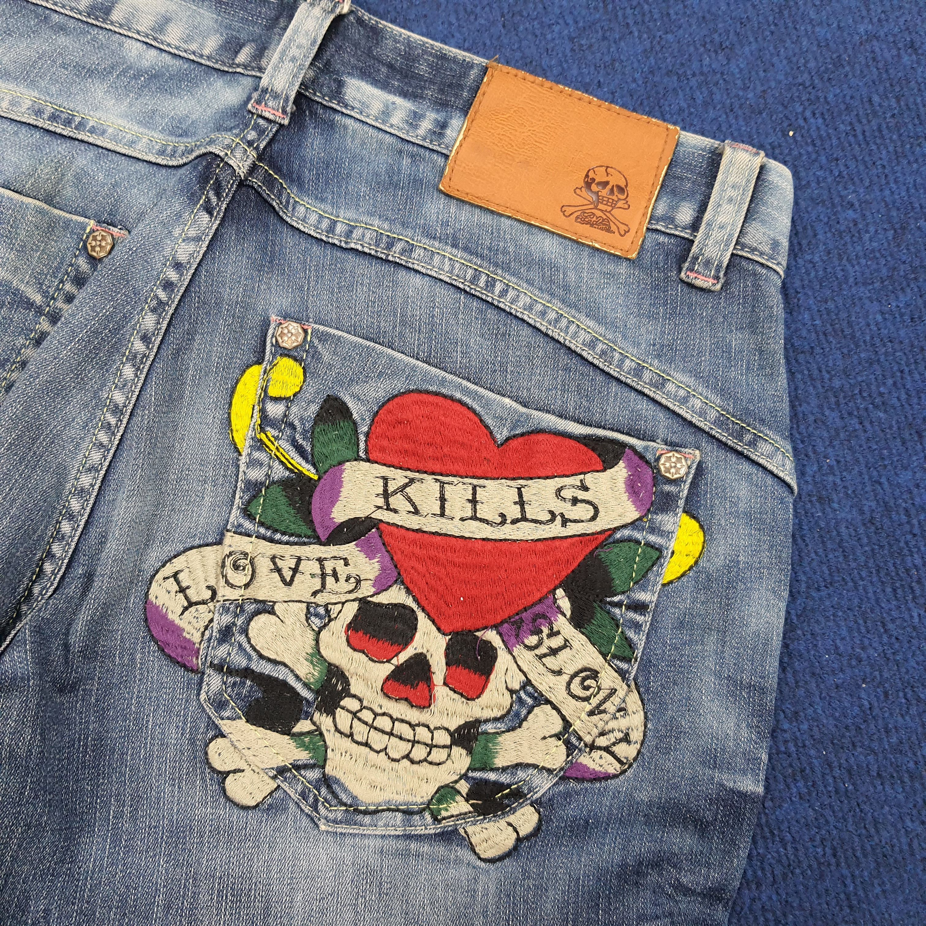 Ed Hardy × Vintage Vintage Ed Hardy Love Kills Slowly Embroidered Jeans Size US 31 - 5 Thumbnail