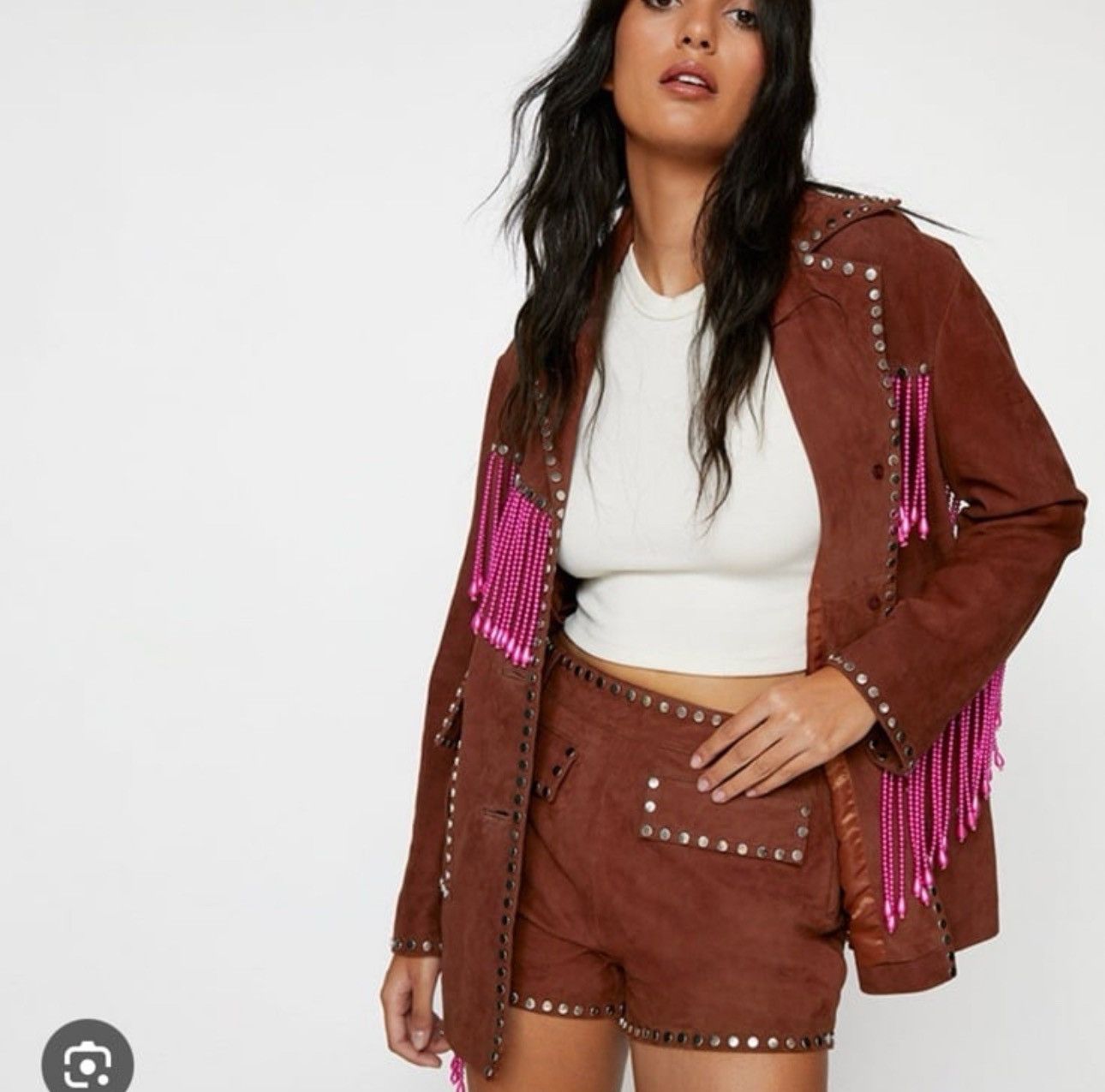 Nasty Gal Nasty Gal Womens Real Suede Embroidered Back Fringe Jacket Size M / US 6-8 / IT 42-44 - 3 Thumbnail