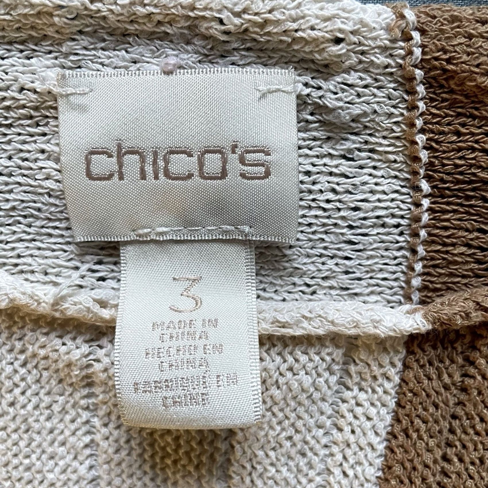 Vintage Chico’s Sweater XL Open-Knit Pullover Top Cream Brown Tan Stripe Rib Knit Sleeve 3/4 Women Pullover Knit Open-Knit Striped Cardigan? Size XL / US 12-14 / IT 48-50 - 5 Thumbnail