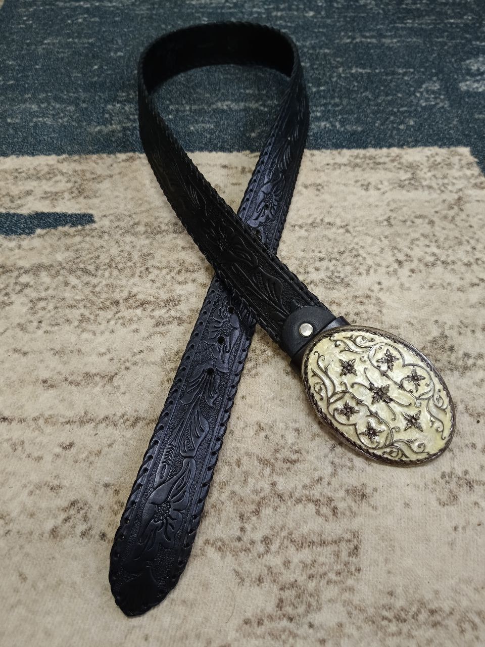 BIGI × Leather MENS BIGI BUCKLE BELT LEATHER FLORAL MOTIF Size ONE SIZE - 3 Thumbnail
