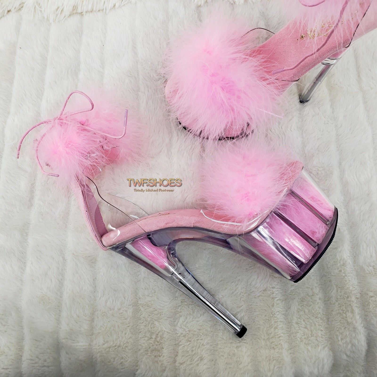Other Adore 724 Baby Pink Marabou Platform Shoes Sandals 7" High H Size US 8 / IT 38 - 3 Thumbnail