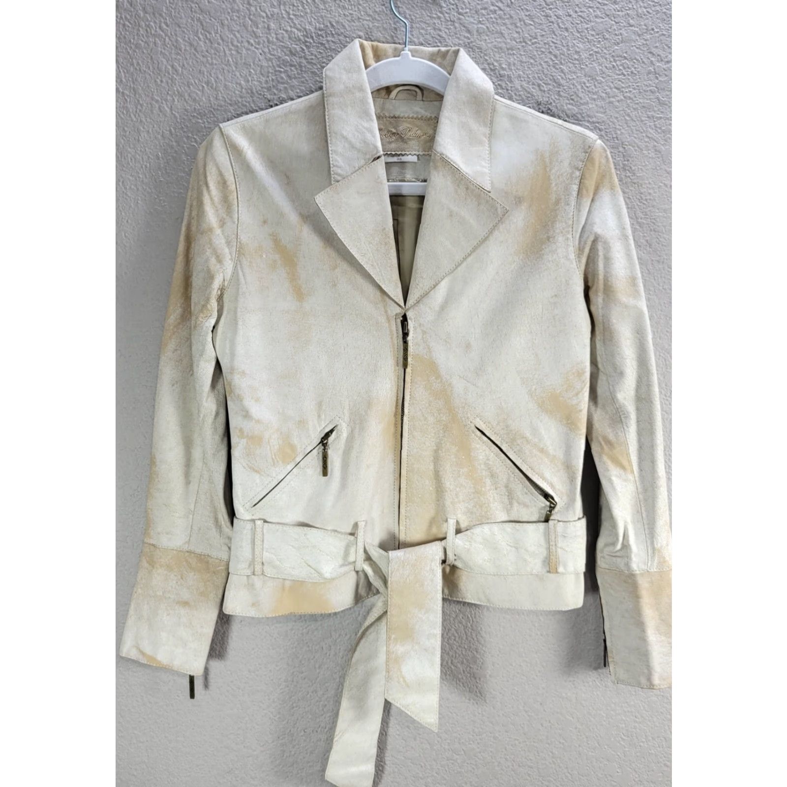 Vintage Indigo Palms Beige Distressed Zip Up Biker Leather Jacket Zipped Cuffs XS Womens Jacket Size XS / US 0-2 / IT 36-38 - 3 Thumbnail