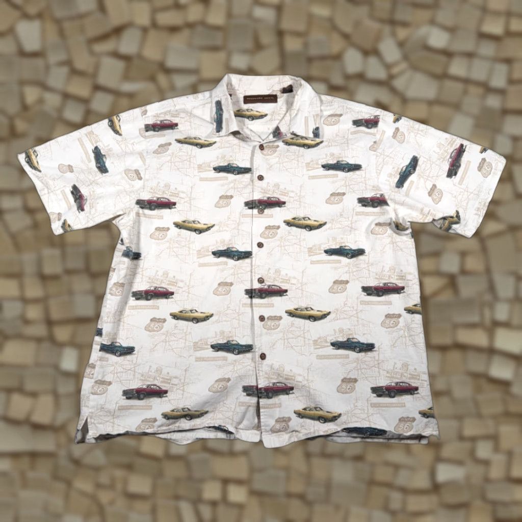 Route 66 VINTAGE Woodland Trail Car Shirt Adult Large White Route 66 Maps Americana Y2K 90s Cars USA Graphic Print Button-Up Short Sleeve Collared Size US L / EU 52-54 / 3 - 1 Thumbnail