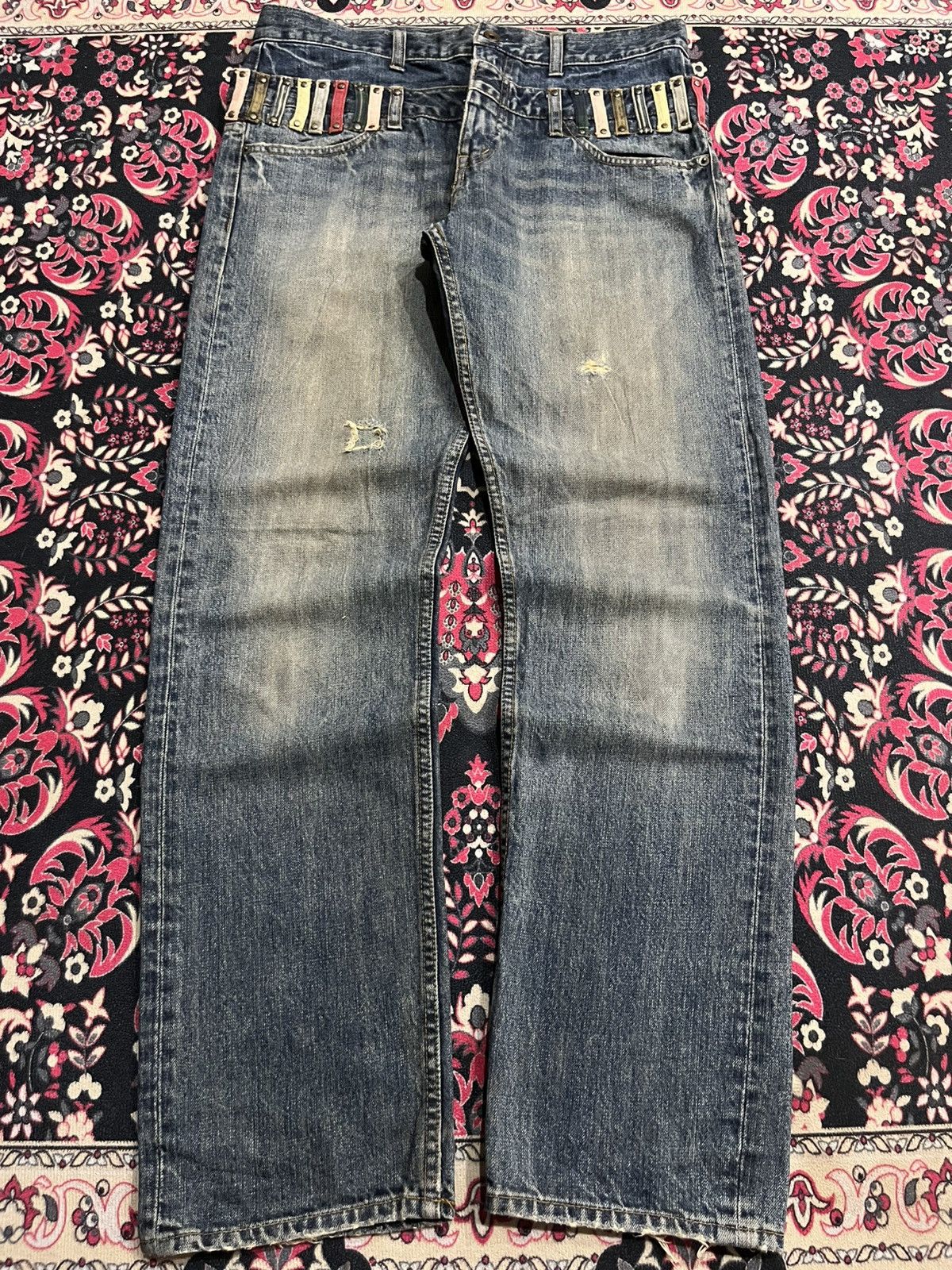 No Faith Studios Japanese Brand Bobson Double Waist Blue Washed Jeans Size US 33 - 1 Thumbnail