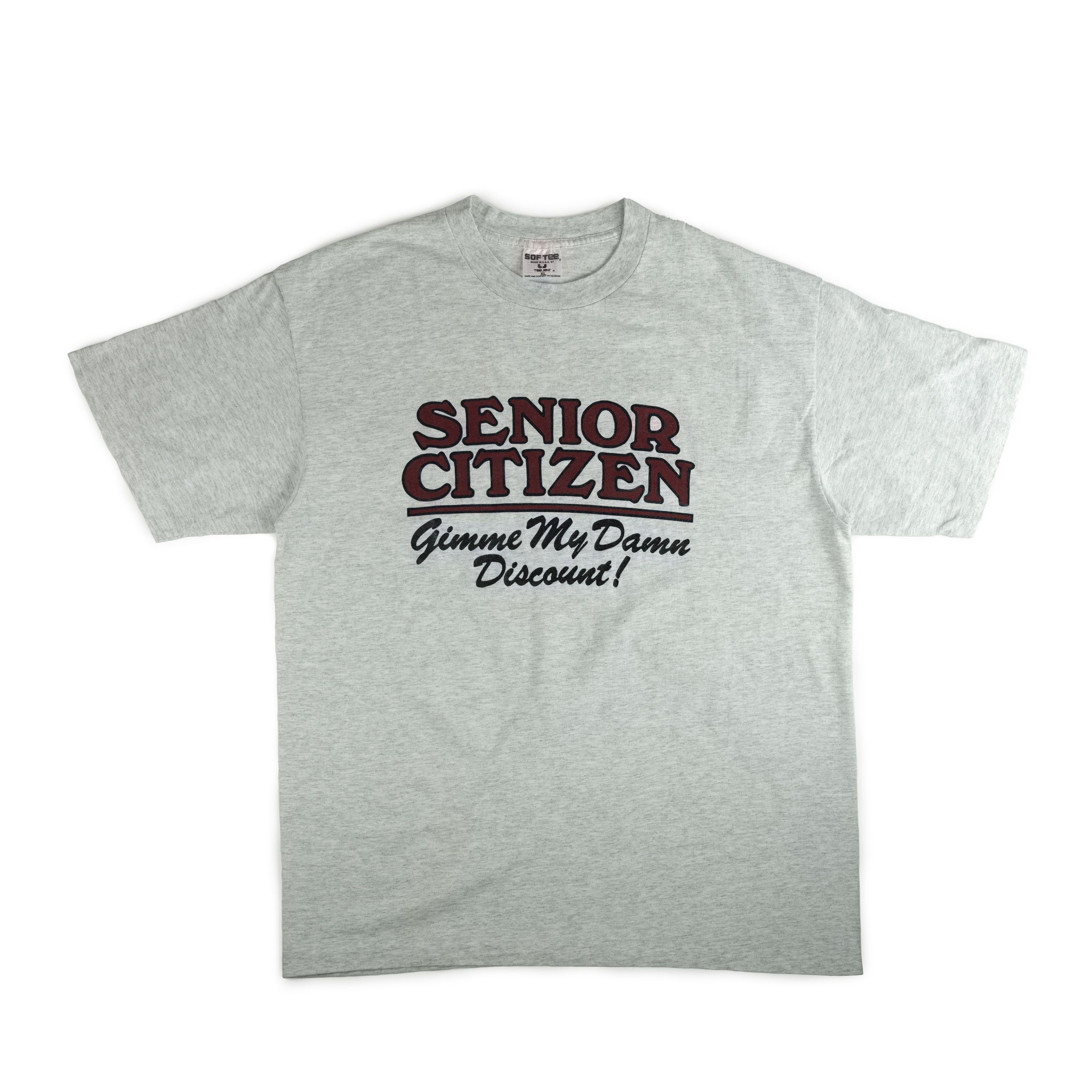 image of Vintage 1990's Senior Citizen Discount Tee Shirt in Grey, Men's (Size XL)