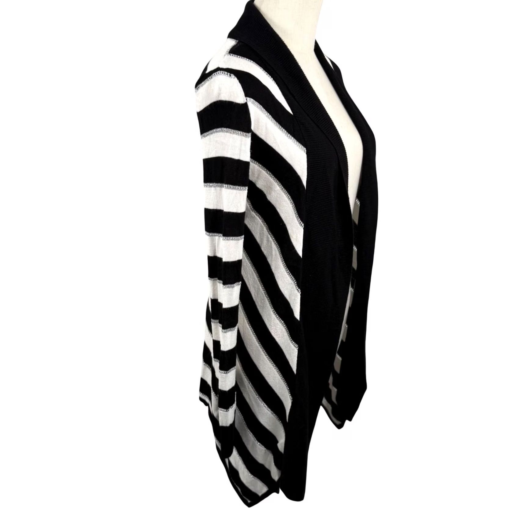 White House Black Market White House Black Market Cardigan XS Striped Knit Open Front Multicolor Black White Silver Metals Size XS / US 0-2 / IT 36-38 - 4 Thumbnail
