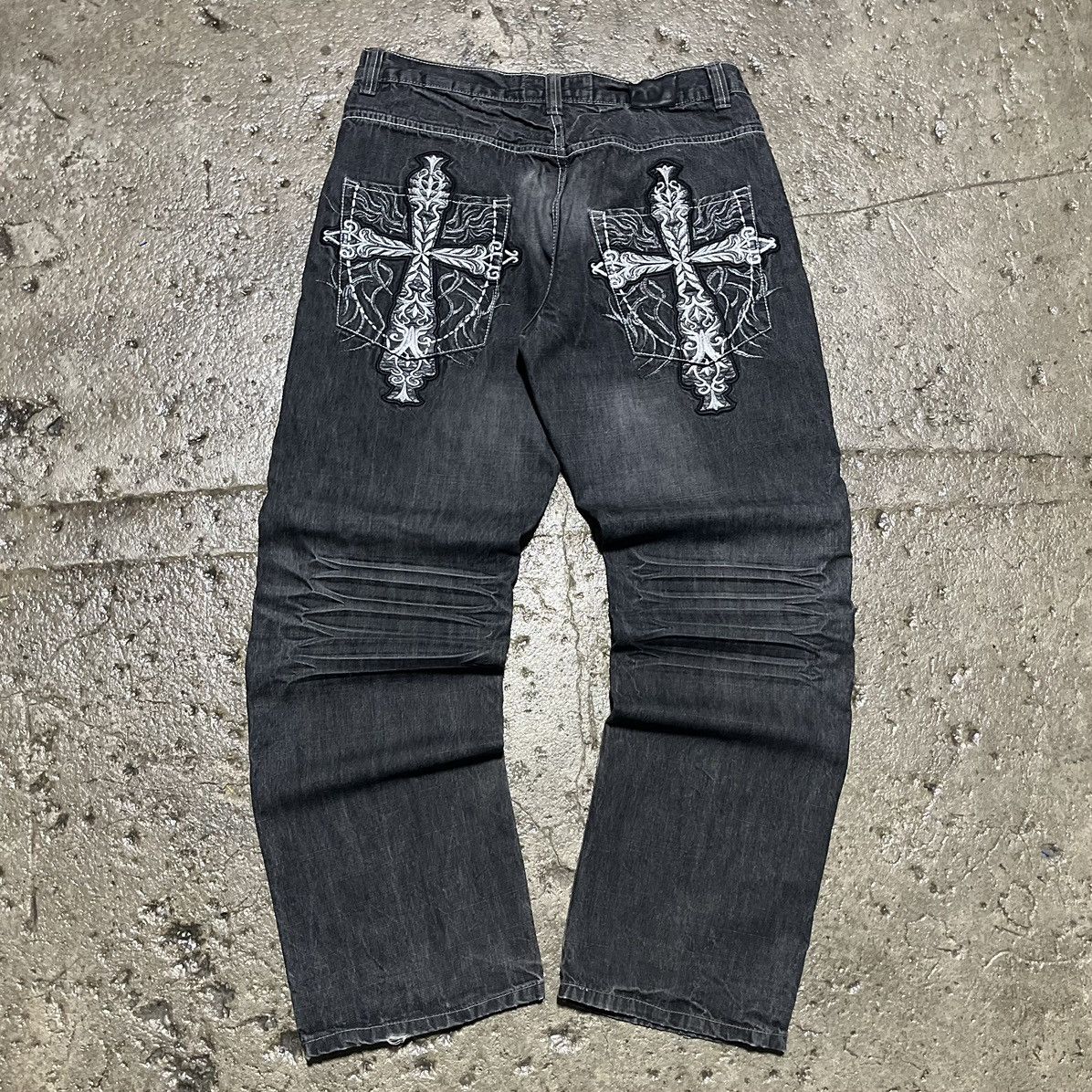 image of Affliction x Jnco Crazy Vintage Y2K Baggy Cross Jeans Opium Wide Leg Skater in Black (Size 36)