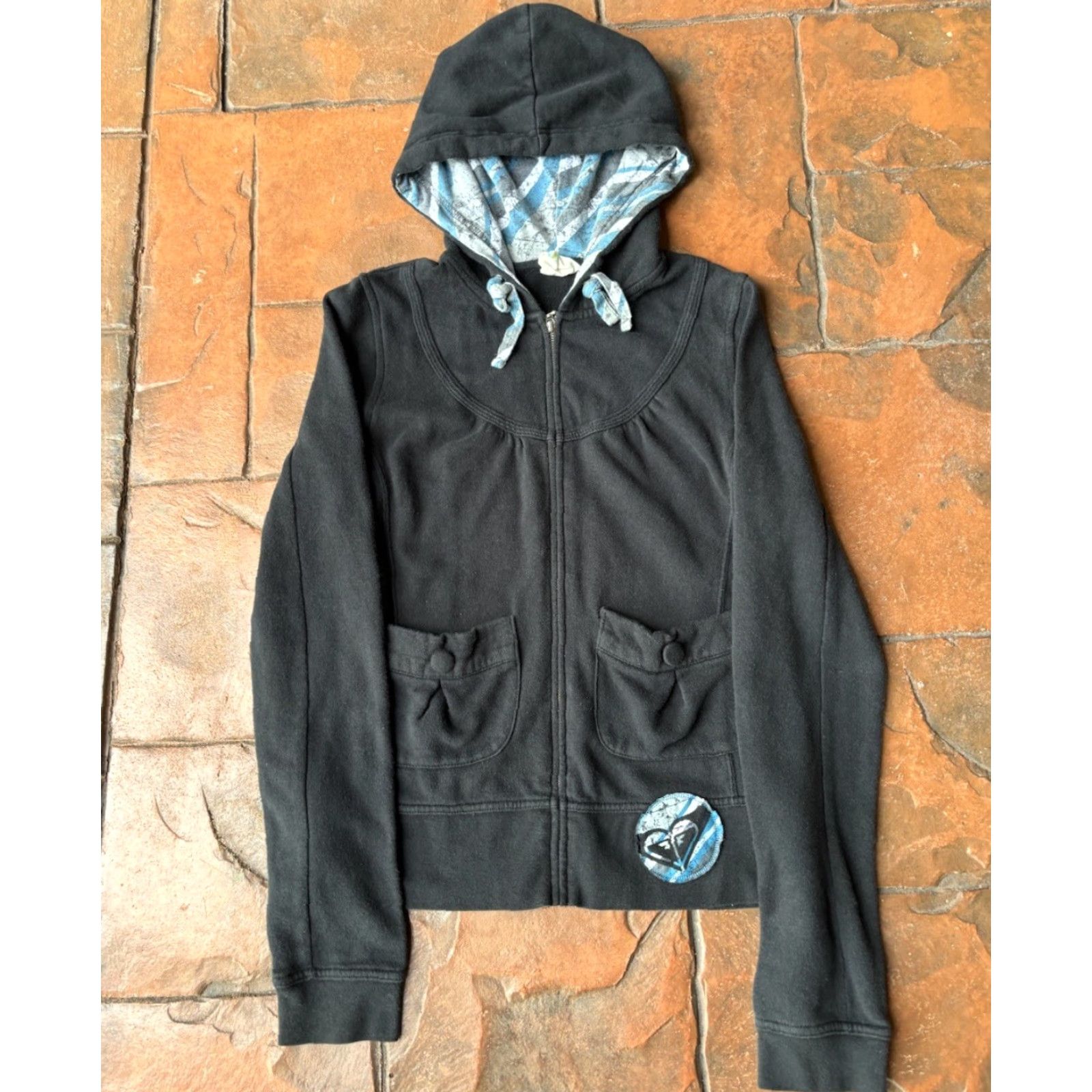 Vintage VINTAGE ROXY Hoodie (Zip Up) Black Medium Womens Y2K Surf 80s 90s Grunge Emo Casual Floral Thumbholes Size M / US 6-8 / IT 42-44 - 2 Thumbnail