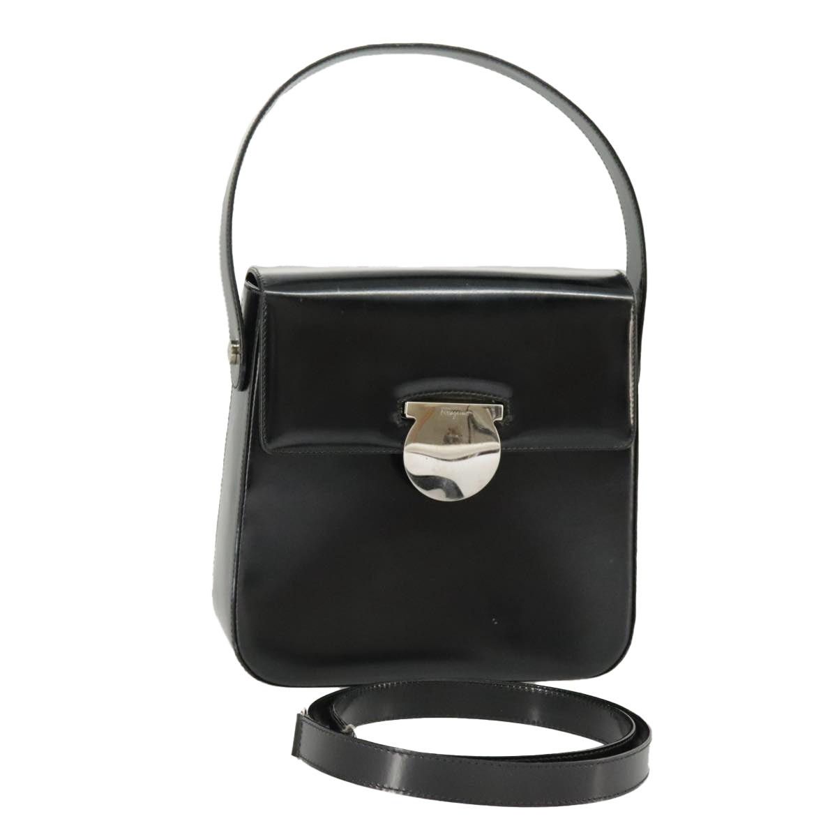 Salvatore Ferragamo Hand Bag Leather Black Silver