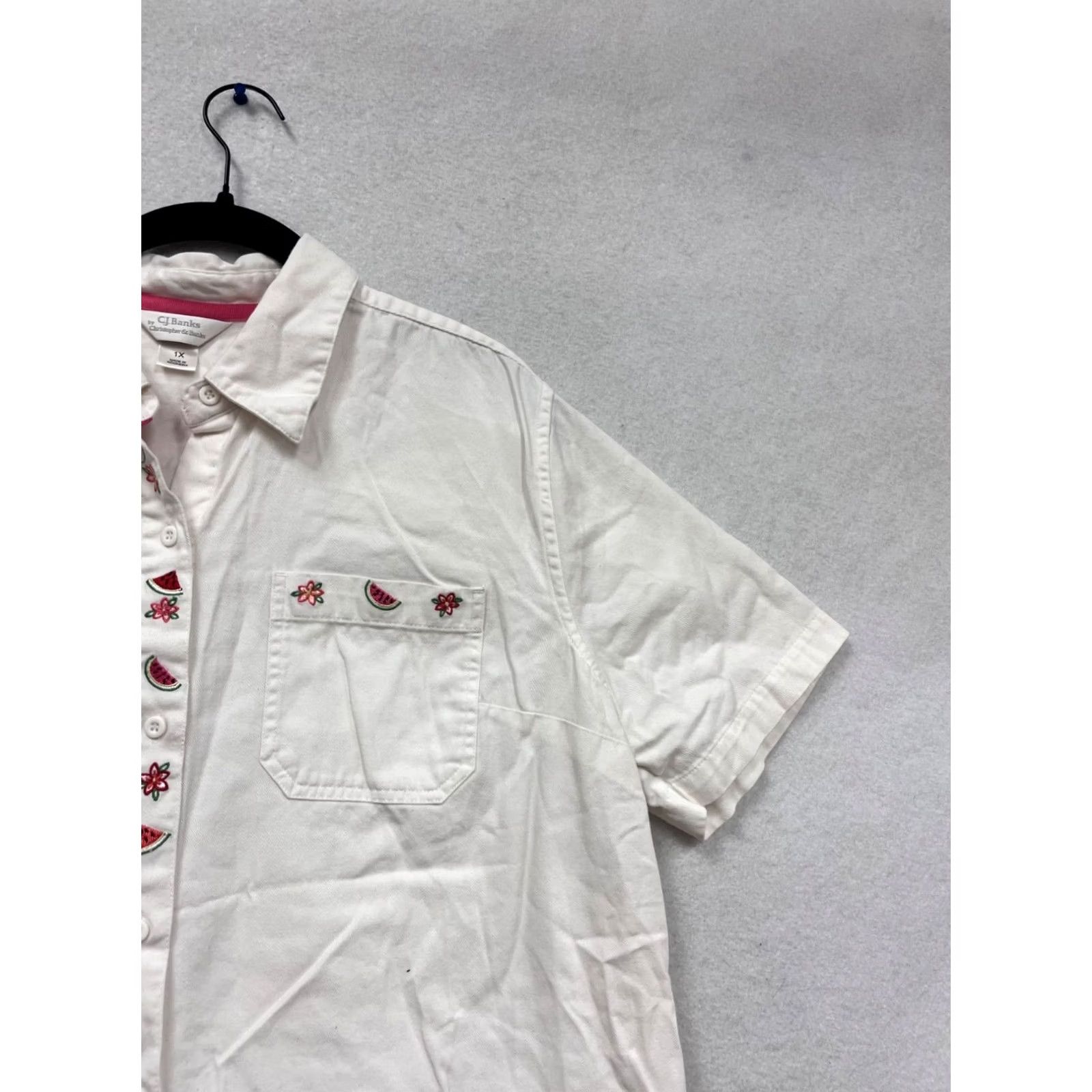 Vintage C.J. Banks Embroidered Watermelon & Daisy Button-Up Shirt 1X Womens Pink Trim Cotton White Vintage: No Size XL / US 12-14 / IT 48-50 - 5 Thumbnail