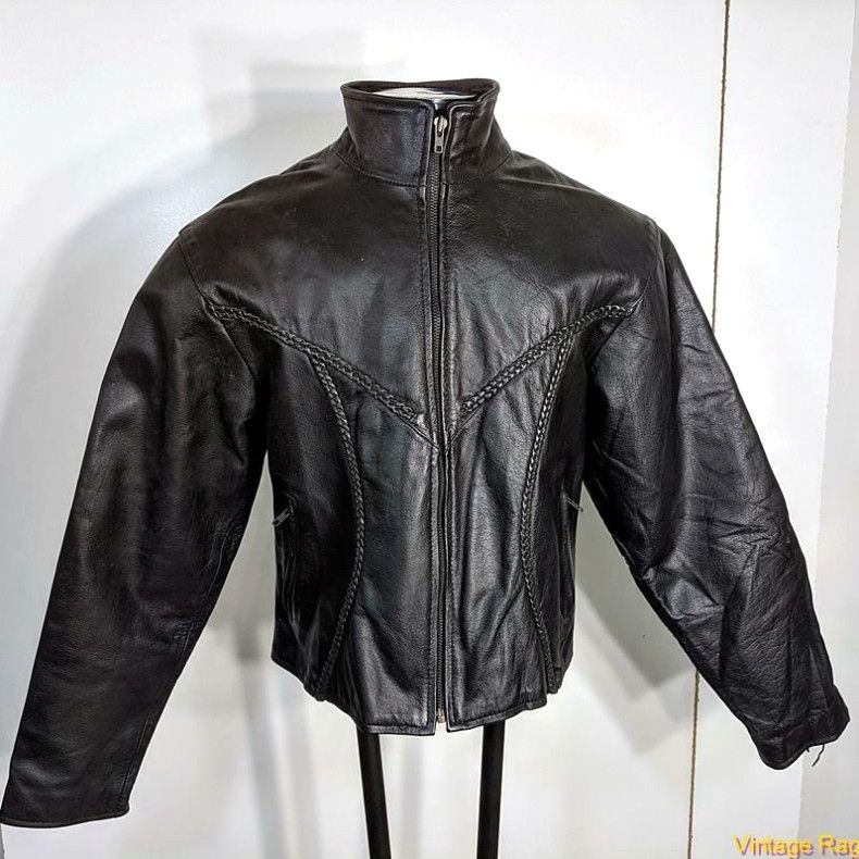 image of Vintage Tennessee Soft Leather Biker Motorcycle Jacket Size XL Black Insulated Zippered in White, W