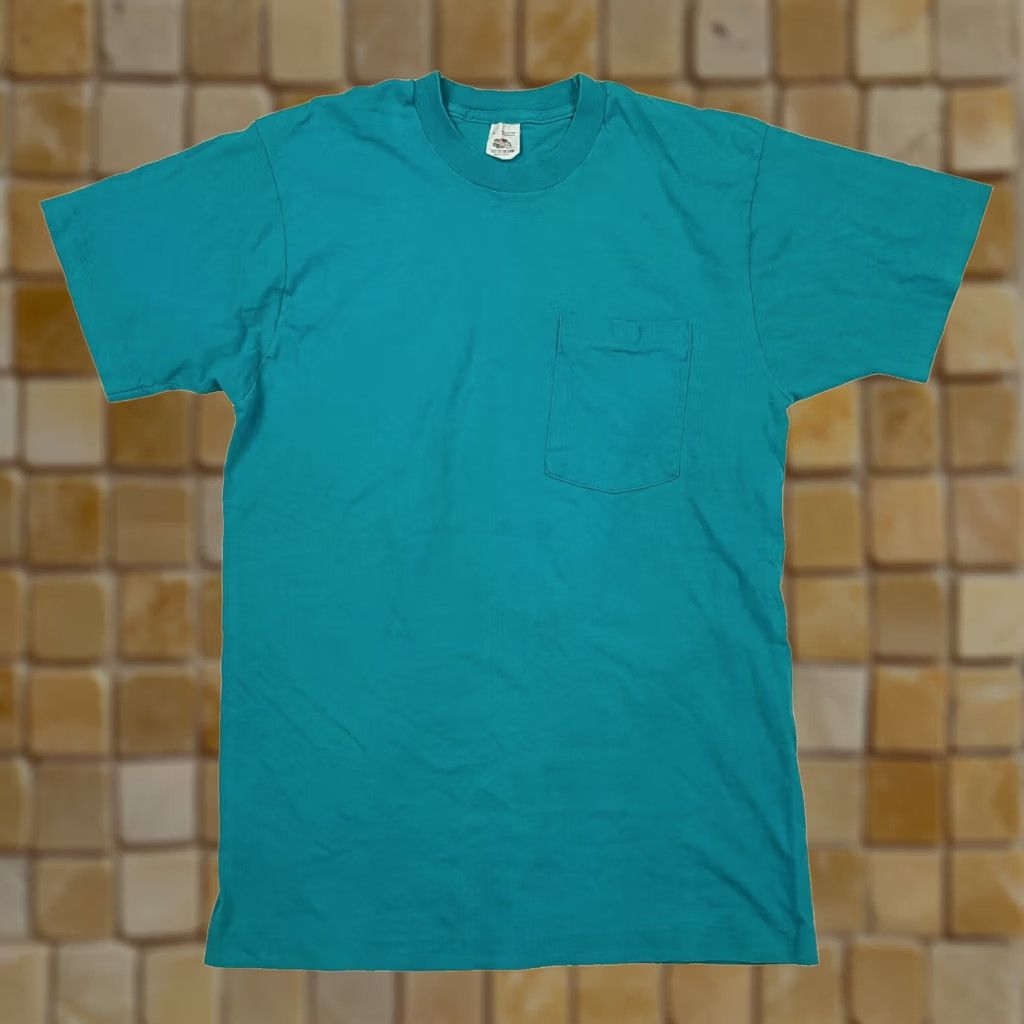Fruit Of The Loom VINTAGE Fruit of the Loom T-Shirt Teal Pocket Selvedge 80s 90s Rock Punk Grunge Graphic Print Crew Neck Mens S Blue USA Made Size US S / EU 44-46 / 1 - 1 Thumbnail