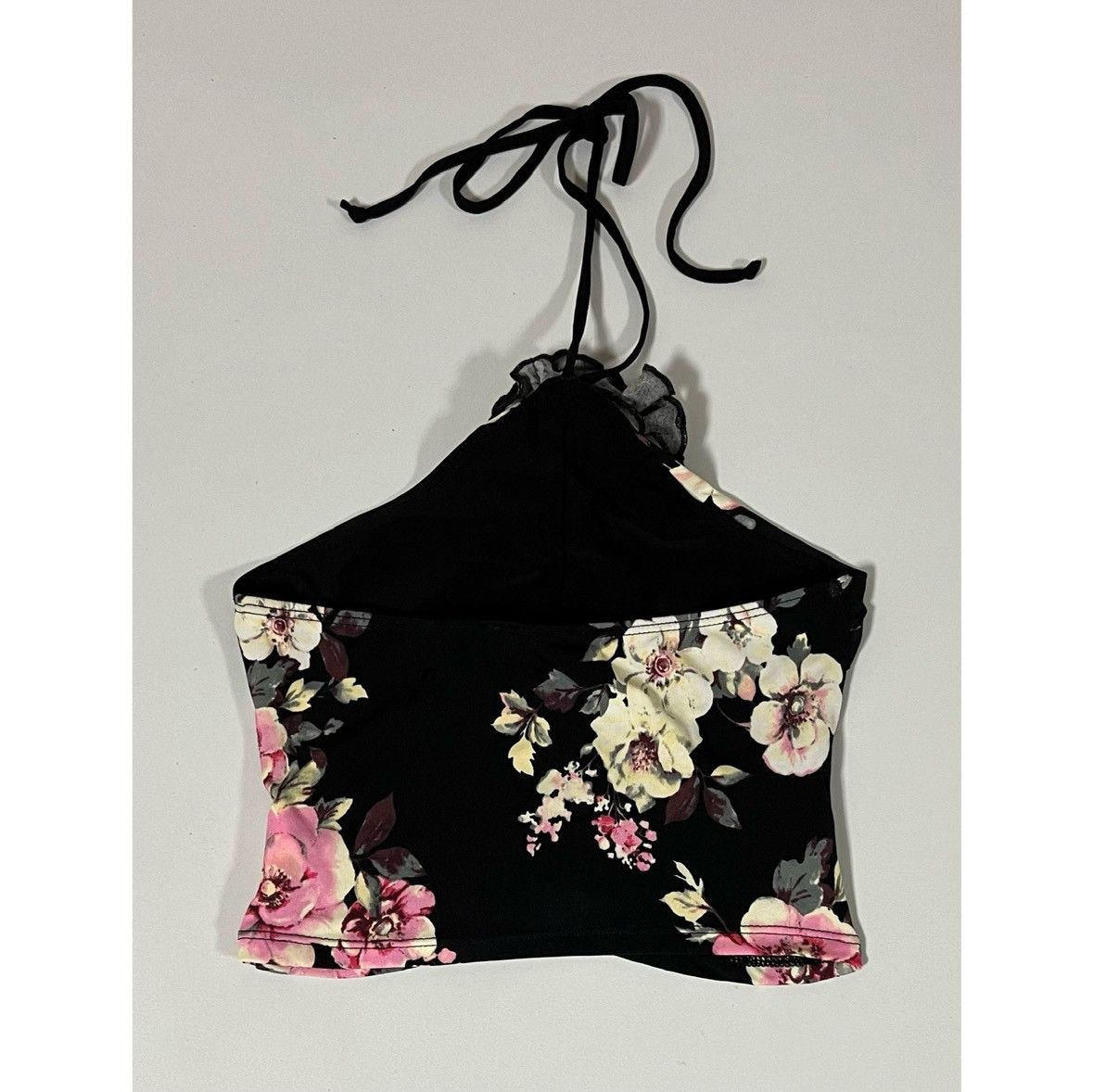 Vintage Black Flower Floral Ruched Halter Top Shirt Blouse Size S 🌸 Size S / US 4 / IT 40 - 3 Thumbnail