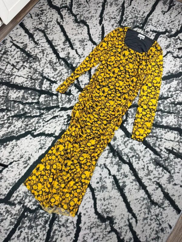 Ganni Ganni dress long new yellow black flowers sunflowers 40 Size L / US 10 / IT 46 - 2 Thumbnail