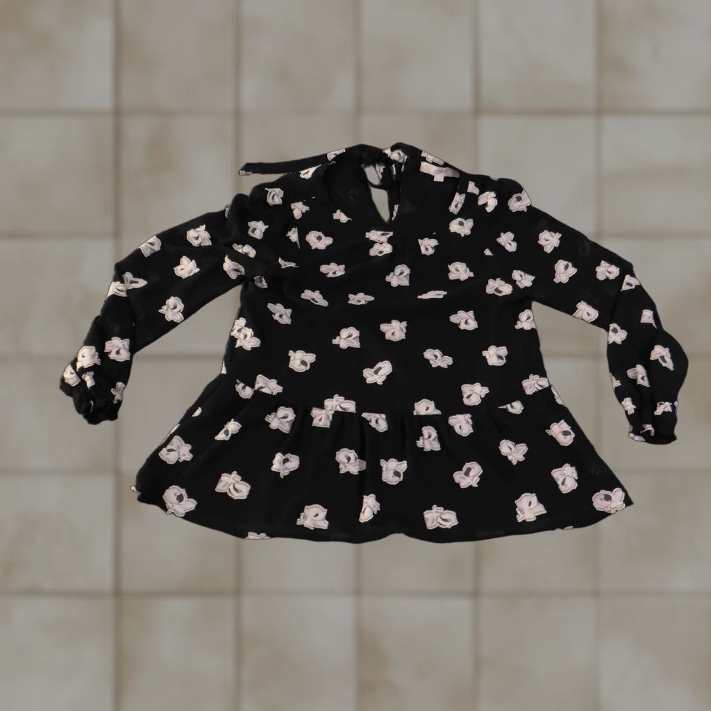 Ann Taylor Loft Ann Taylor Loft Blouse Shirt Womens XS Petite Black Floral Long Sleeve V-Neck Back Tie Casual Size XS / US 0-2 / IT 36-38 - 1 Thumbnail