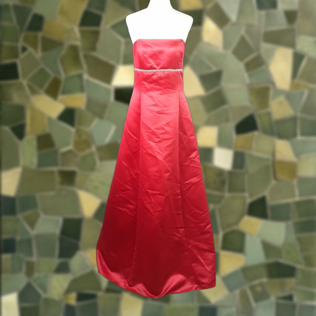 Vintage VINTAGE Scott McClintock Red Satin Strapless Floor Length Gown Prom Dress 10 90s Women's Formal Maxi Rhinestone Zip Off the Shoulder Ball Gown Dress Size L / US 10 / IT 46 - 1 Thumbnail