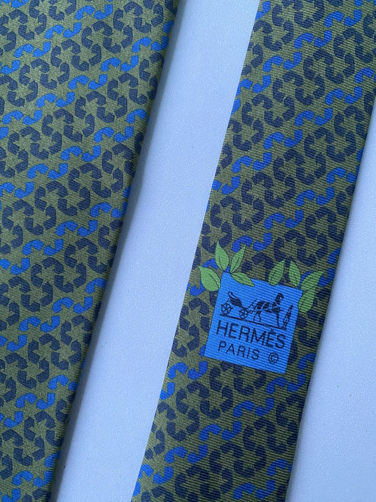 Hermes Hermes Tie 645668 EA 100% Silk Khaki Grey Blue France Luxury Size ONE SIZE - 12 Thumbnail