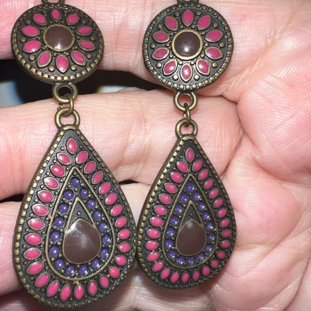 Vintage Vintage Bronze Tone Mosaic Teardrop Dangle Earrings Size ONE SIZE - 6 Thumbnail