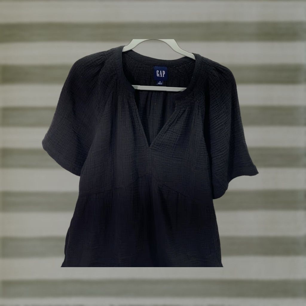 Gap Dress Women Medium Black Short Sleeve Pockets Tiered Gauze NWT Crinkled  Knee Length Maxi