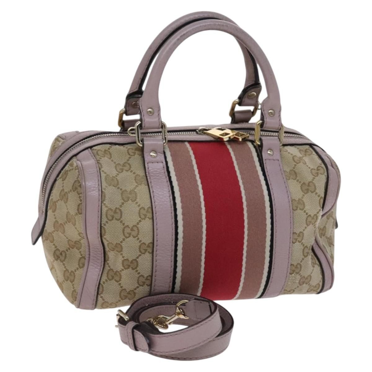 GUCCI GG Canvas Sherry Line Boston Bag Beige Pink Red