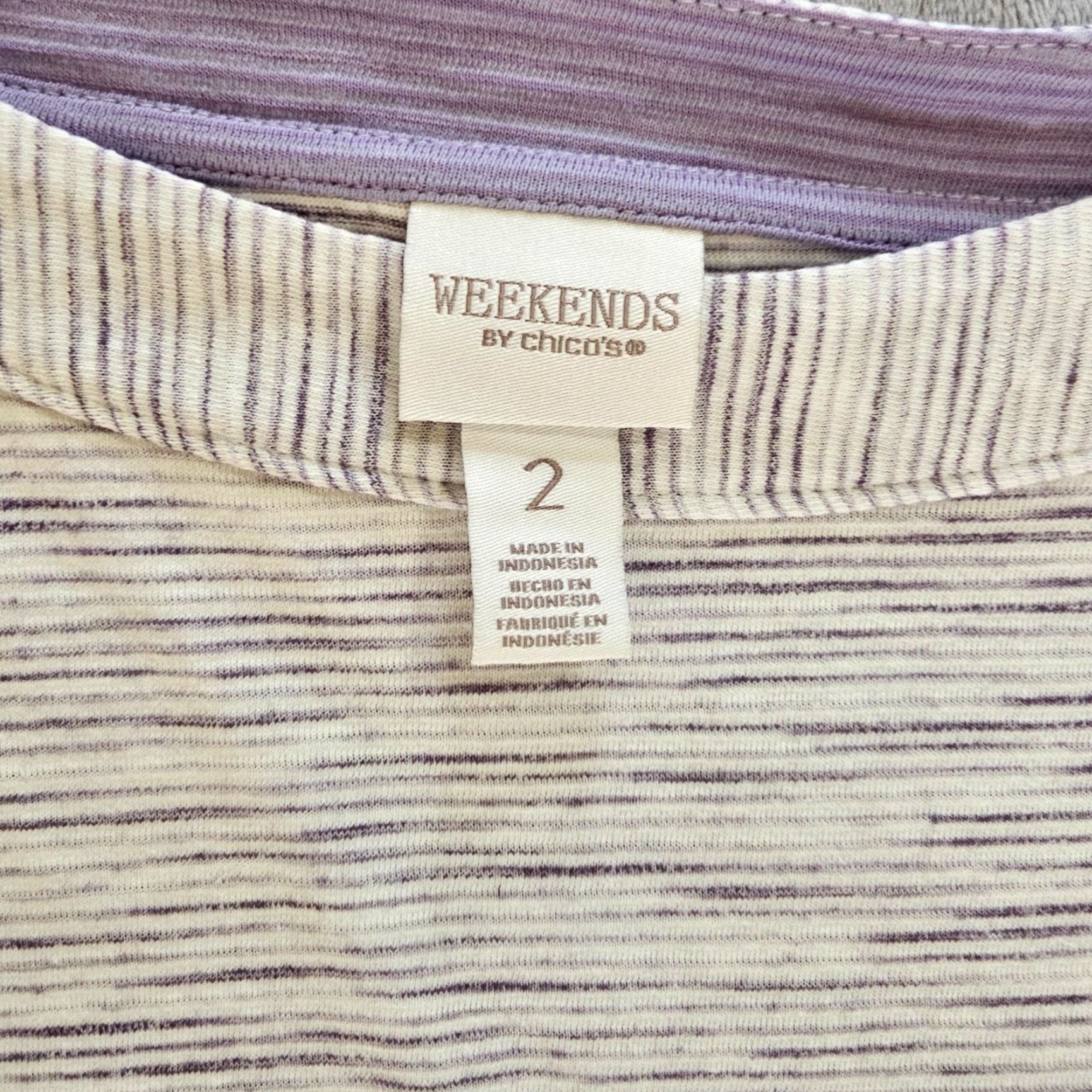 Vintage Chico's Weekends Top Shirt Women Purple White Striped Short Sleeve Boat Neck L Adult Womens Shirt Size L / US 10 / IT 46 - 3 Thumbnail