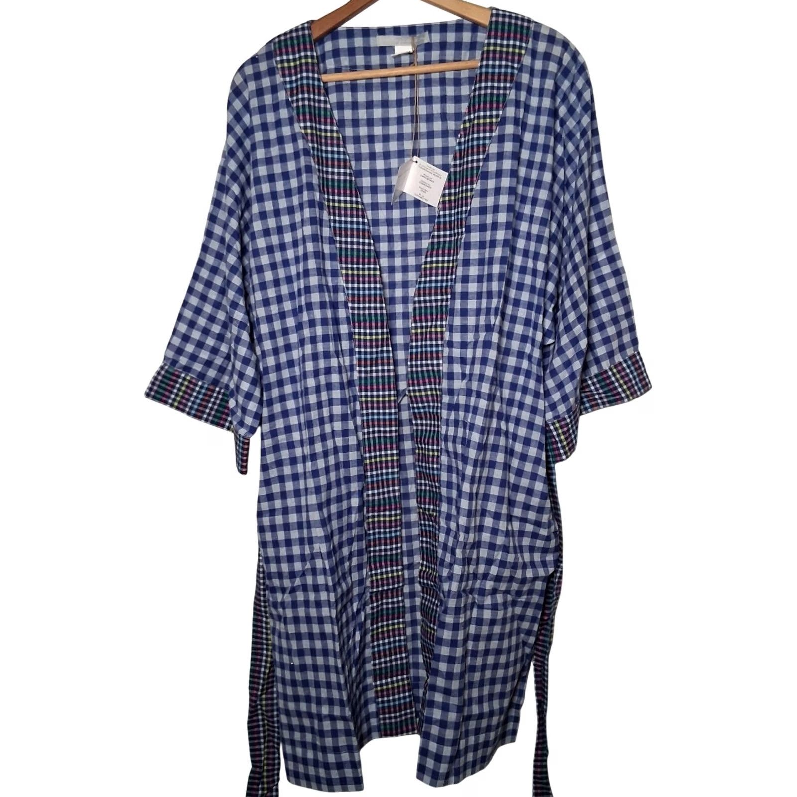 Vintage VINTAGE Noonday Collection Robe L Scrunchie Blue Gingham Check Lightweight Lounge Size ONE SIZE - 4 Thumbnail