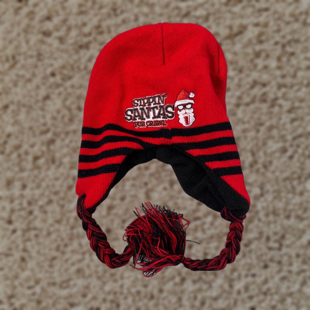 Vintage Jetline Prime Beanie Hat Adult One Size Red Knit Ear Flap Sippin’ Santas Pub Crawl 90s Theme Mens Holiday Winter Size ONE SIZE - 1 Thumbnail