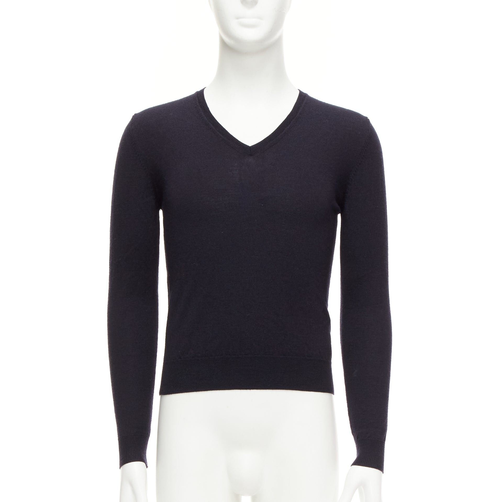 image of Prada 2010 Navy Wool Long Sleeve V-Neck Classic Sweater It44 Xs, Men's