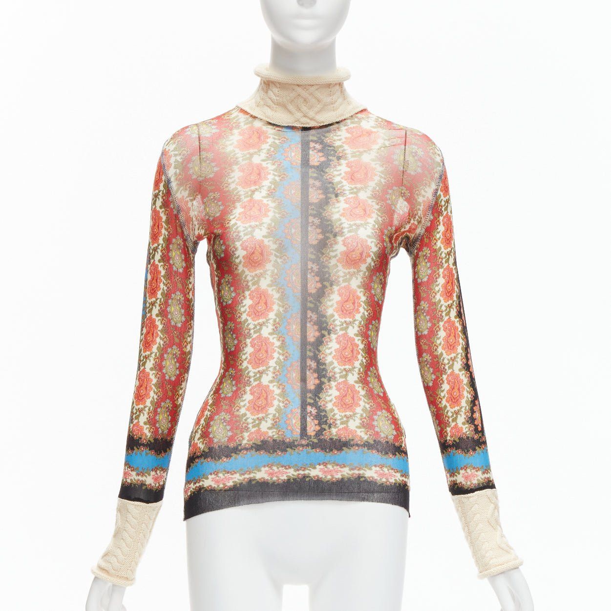 Jean Paul Gaultier JEAN PAUL GAULTIER Maille Vintage red paisley print sheer mesh cable knit turtleneck S Size S / US 4 / IT 40 - 1 Thumbnail