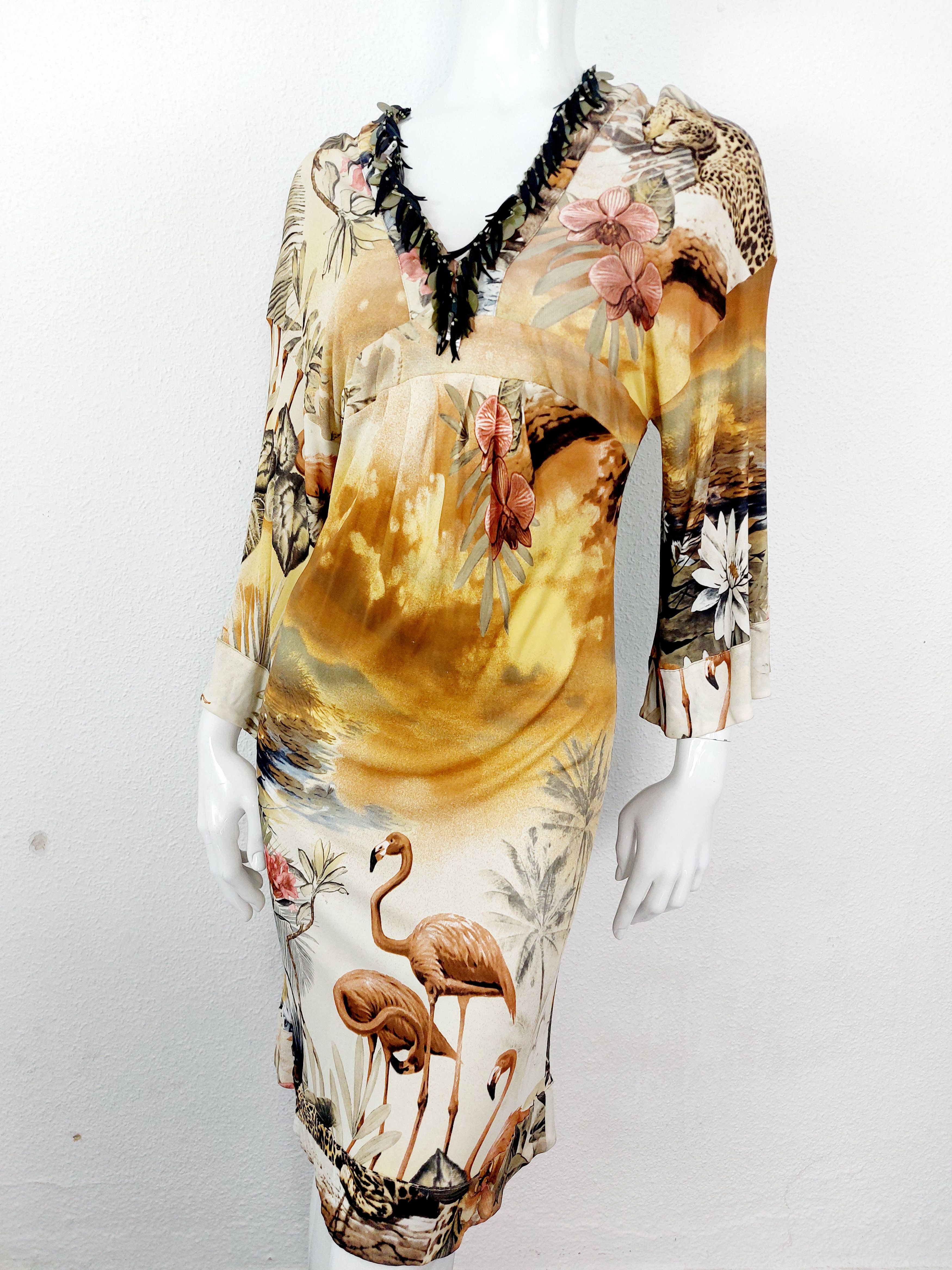 Roberto Cavalli Roberto Cavalli Tropical Flamingo Beaded Jungle Dress Size M / US 6-8 / IT 42-44 - 2 Thumbnail