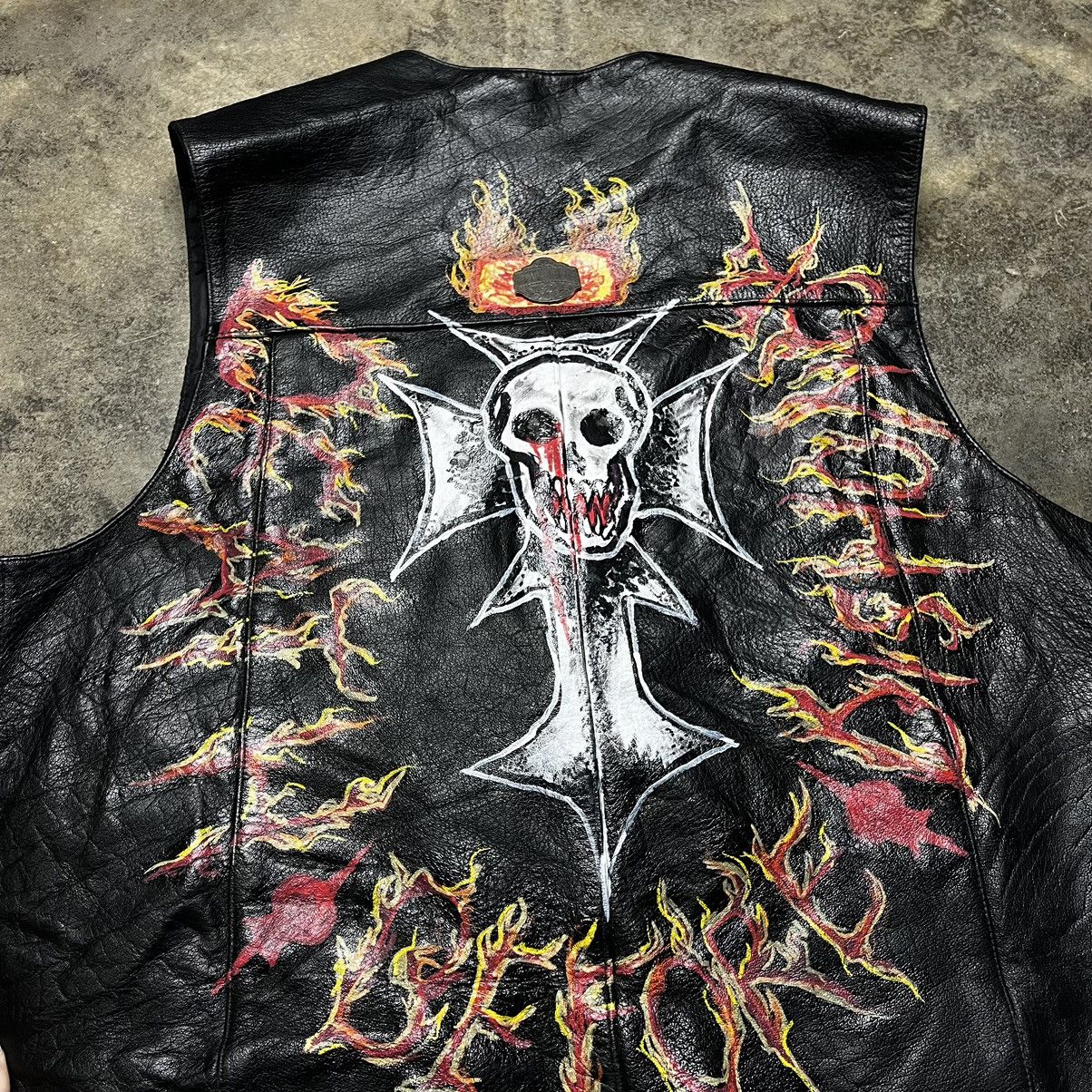 Vintage vintage black leather biker skull chain vest Size US XXL / EU 58 / 5 - 3 Thumbnail