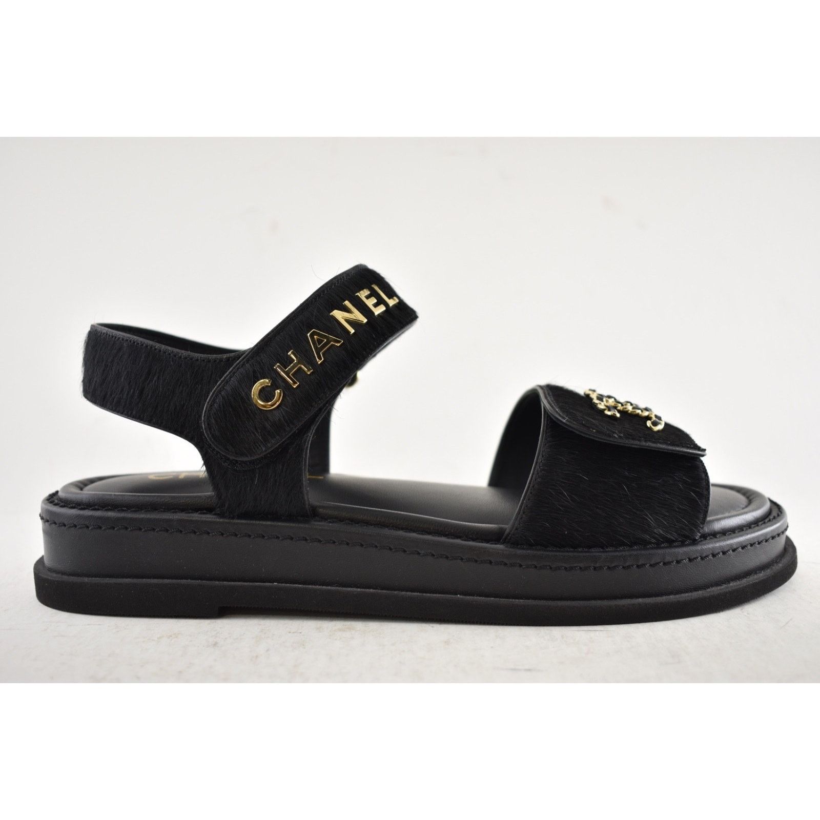 Chanel Chanel 24B Black Calf Hair Gold CC Logo Flat Dad Sandal 36 Size US 5 / IT 35 - 3 Thumbnail