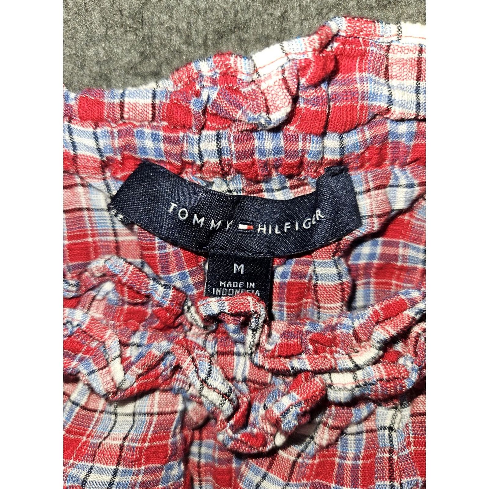Tommy Hilfiger Tommy Hilfiger Shirt Womens Medium Red Plaid Off Shoulder Cropped Blouse Short Sleeve Ruffle Crew Neck Cotton Viscose Casual Size M / US 6-8 / IT 42-44 - 2 Thumbnail