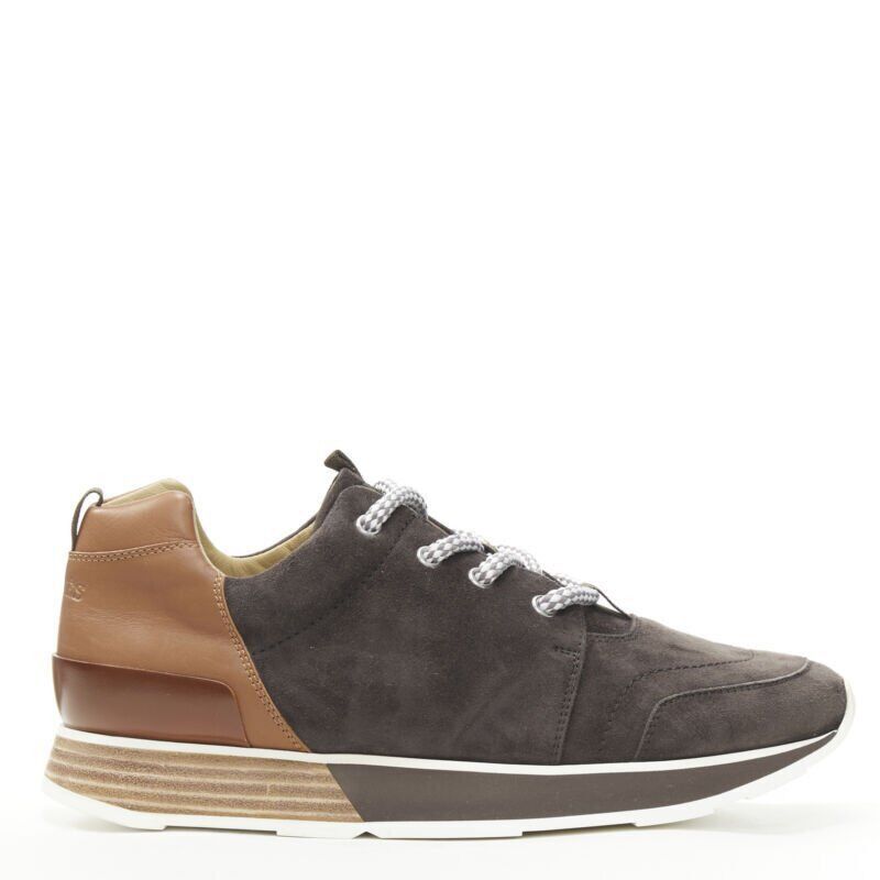 new HERMES Buster grey brown suede lace up wooden rubber sole low sneaker EU39.5