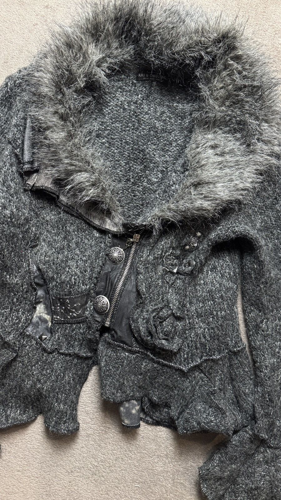 Le Grande Bleu (L.G.B.) Y2K Faux Fur Knit Wool Blend Boho Steampunk Jacket LGB Style Size L / US 10 / IT 46 - 4 Thumbnail