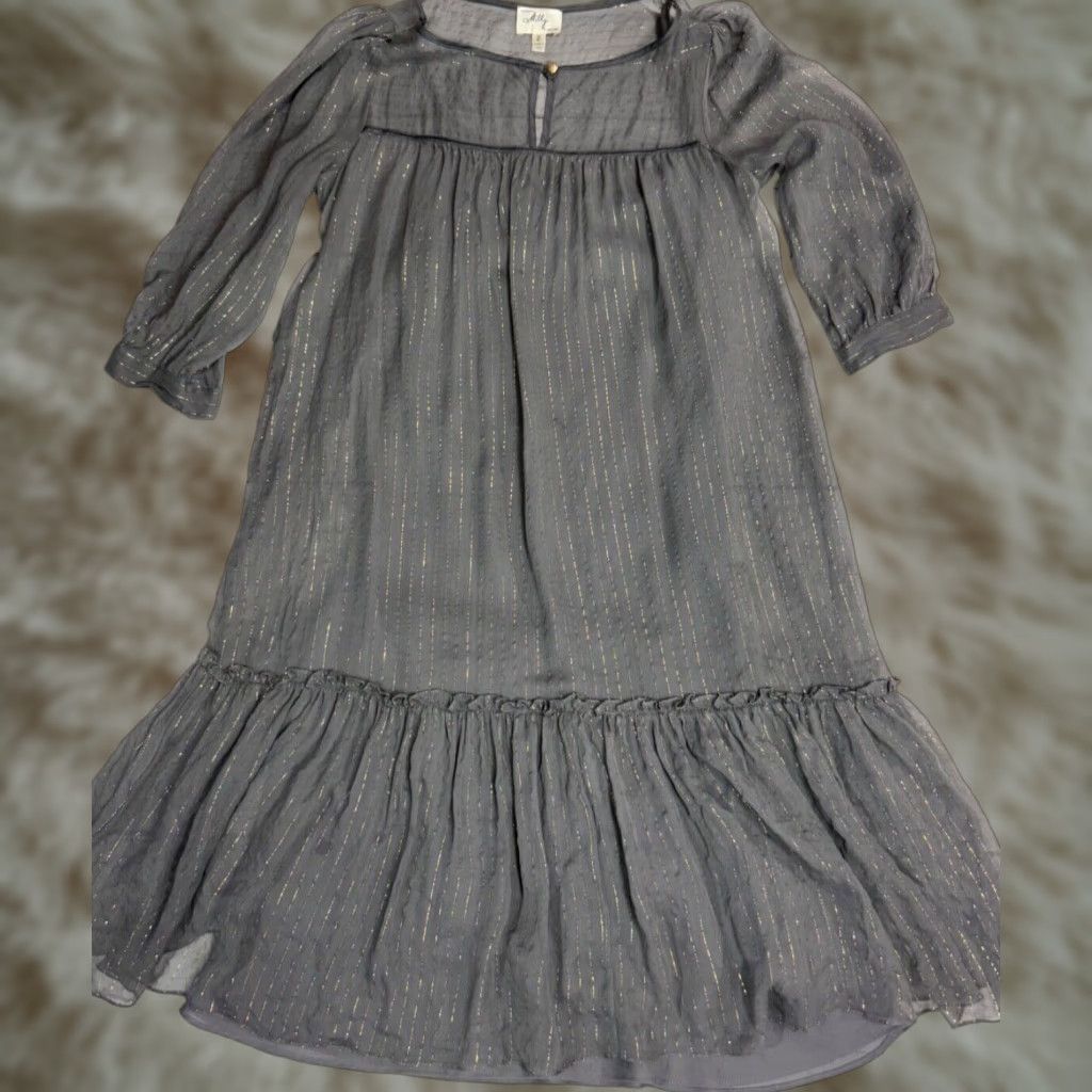 MILLY VINTAGE Milly Womens Silk Blend Midi Dress Sz 2 Gray Gold Shimmer Sheer Long Sleeve Dress Size XS / US 0-2 / IT 36-38 - 1 Thumbnail