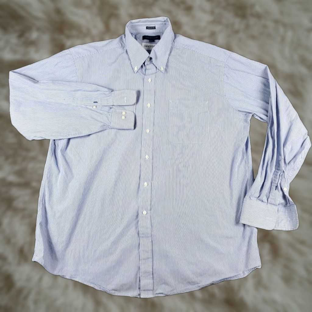 Tommy Hilfiger VINTAGE Tommy Hilfiger Shirt Mens 17.5 Blue Striped Dress Button Up Long Sleeve Adult Medium Blue | 17.5 in Neck | Classic Preppy Style Mens Size 46R - 1 Thumbnail