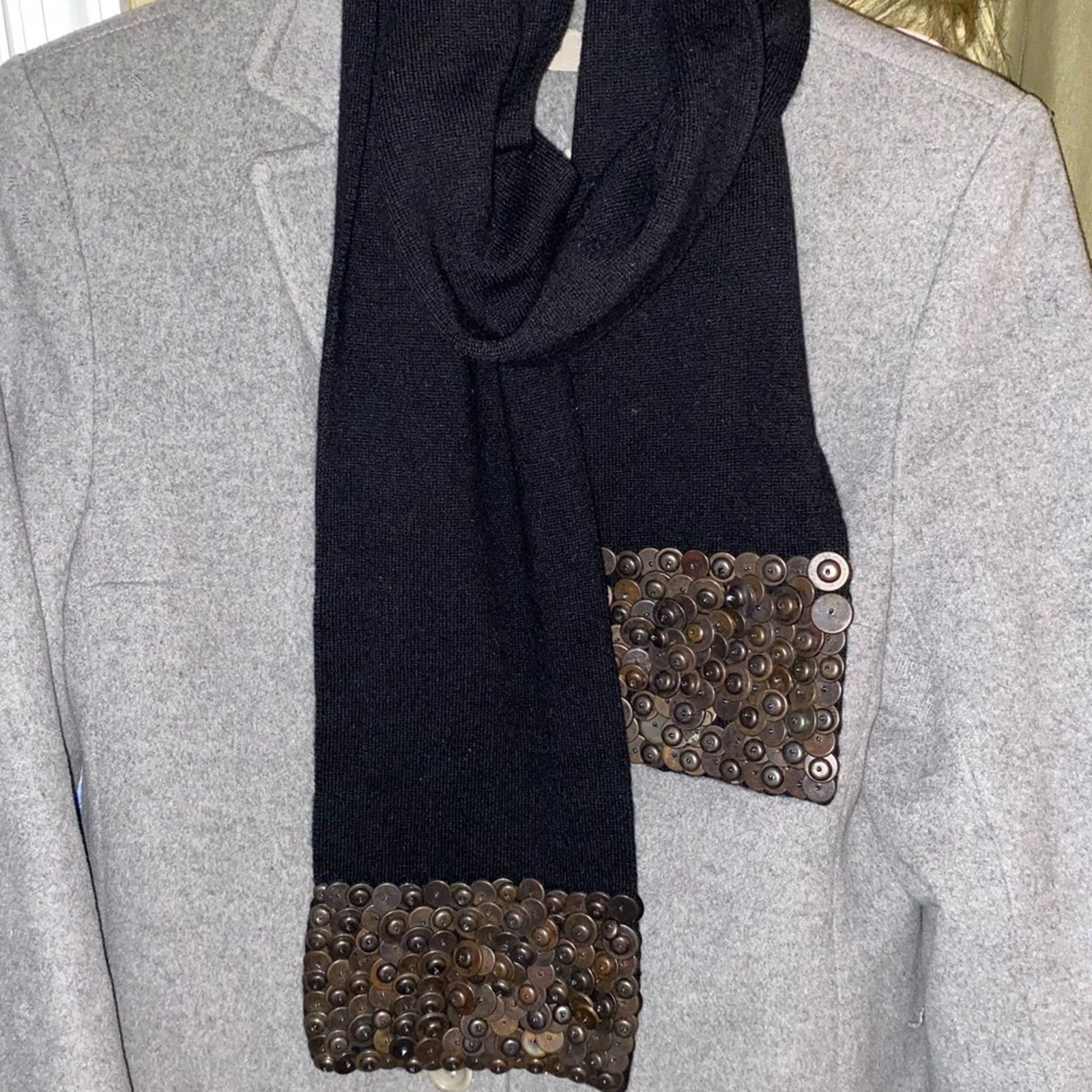 Burberry BURBERRY Black Cashmere Scarf with Copper Metallic Trim EUC Size ONE SIZE - 13 Thumbnail