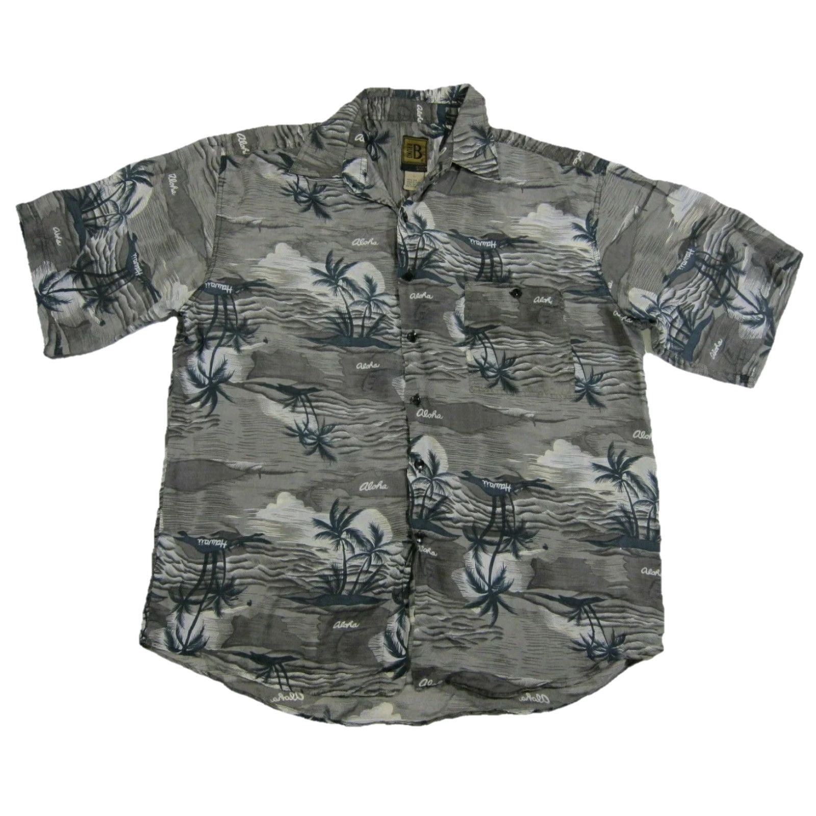Vintage VINTAGE Bruno B Shirt Men Large 100% Silk Grey Aloha Palm Tree Floral Hawaiian Button-Up Short Sleeve Collared 50s 60s 70s 80s Mens Size US L / EU 52-54 / 3 - 2 Thumbnail